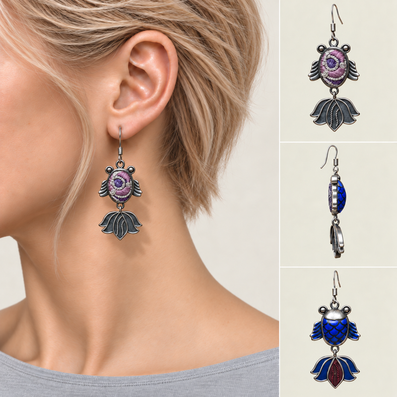 Lilac Nocturne handmade fish earrings, worn detail and front side reverse views