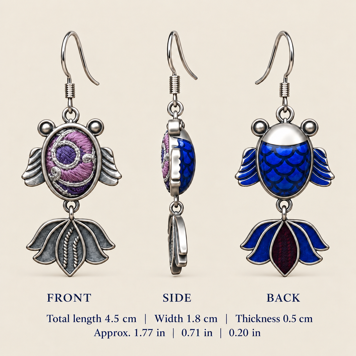 Lilac Nocturne handmade fish earrings, dimensions