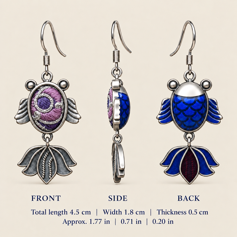 Lilac Nocturne handmade fish earrings, dimensions