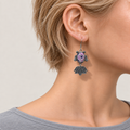 Lilac Nocturne handmade fish earrings, front worn