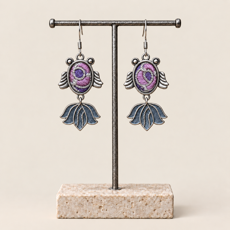 Lilac Nocturne handmade fish earrings, display