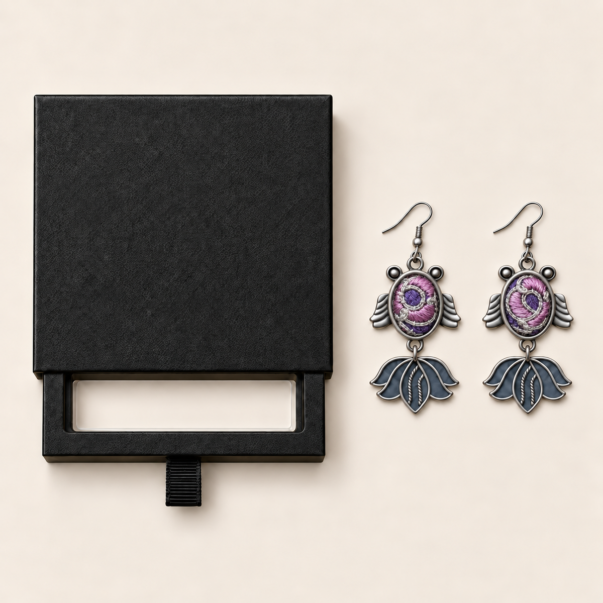 Lilac Nocturne handmade fish earrings, packaging