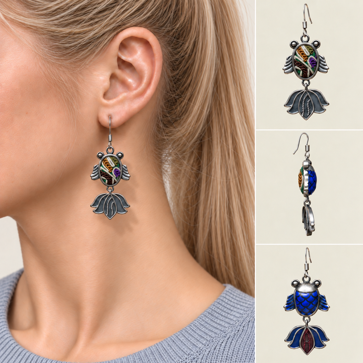Meadow Rhapsody handmade fish earrings, worn detail and front side reverse views