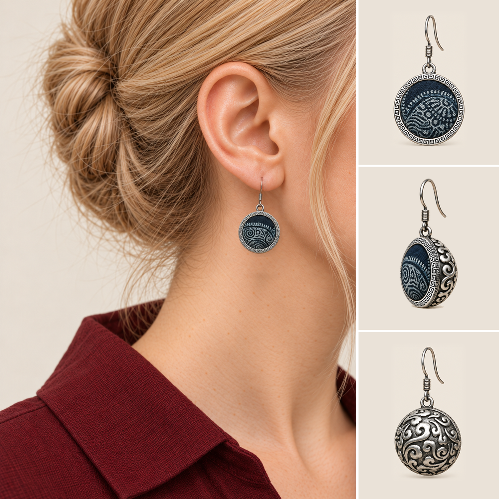 Indigo Cosmos earring worn with its batik front facing outward, beside front, 45-degree and domed reverse views.