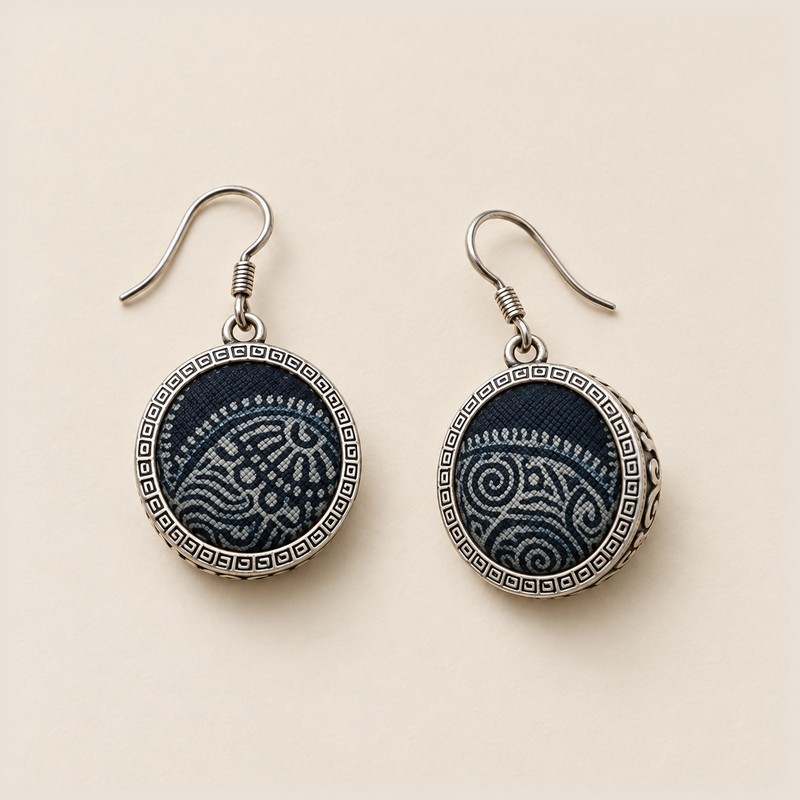 Indigo Cosmos earrings laid front-facing on a pale surface, showing different pale curved motifs within geometric circular rims.
