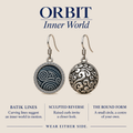 ORBIT Inner World design card showing the Indigo Cosmos batik front and rounded scrollwork reverse with Wear Either Side.