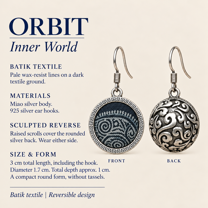 Indigo Cosmos detail card with batik textile, Miao silver body, 925 silver hooks and reversible round design.