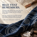 ORBIT batik culture story card with indigo patterned fabric and craft tools, titled Blue That Remembers.