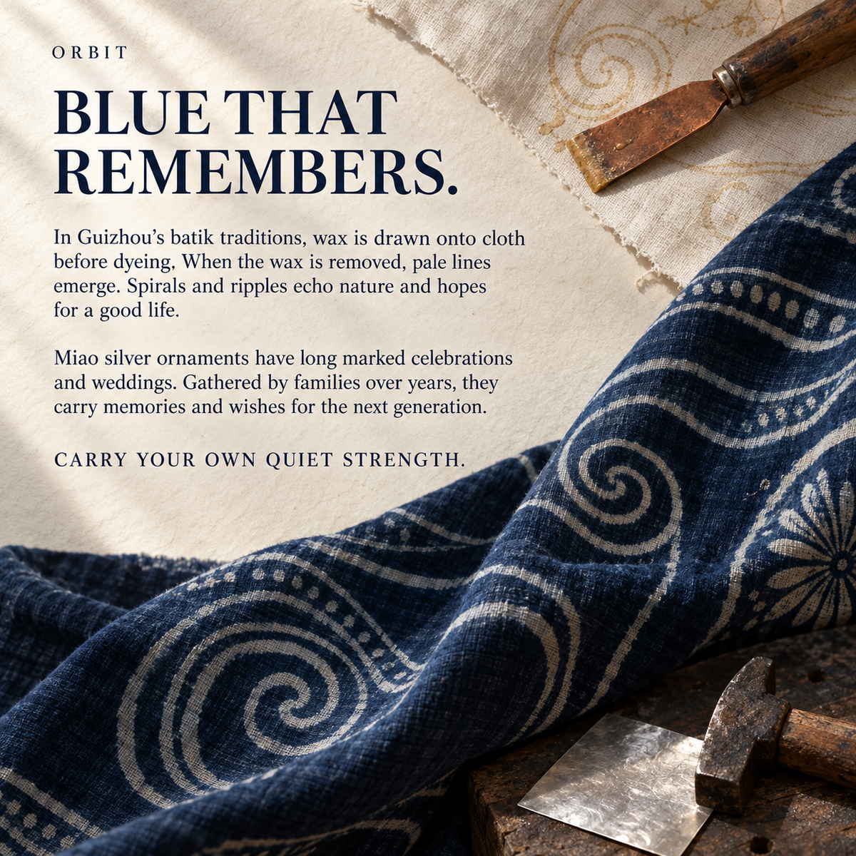 ORBIT batik culture story card with indigo patterned fabric and craft tools, titled Blue That Remembers.