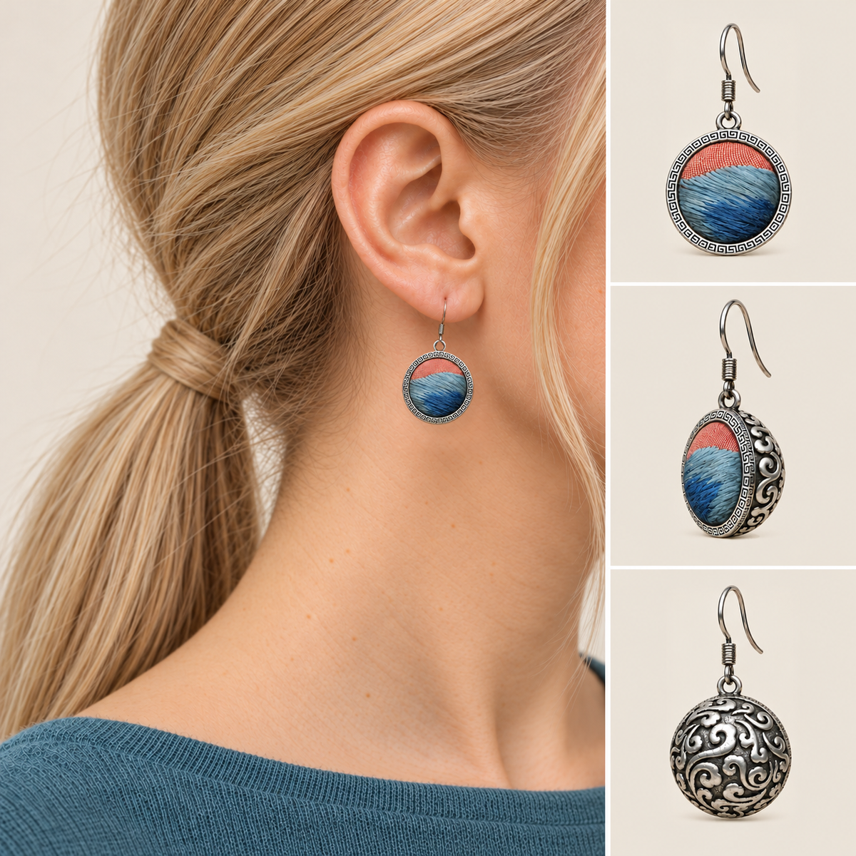 Coral Rhapsody earring worn with its embroidered front facing outward, beside front, 45-degree and domed reverse views.