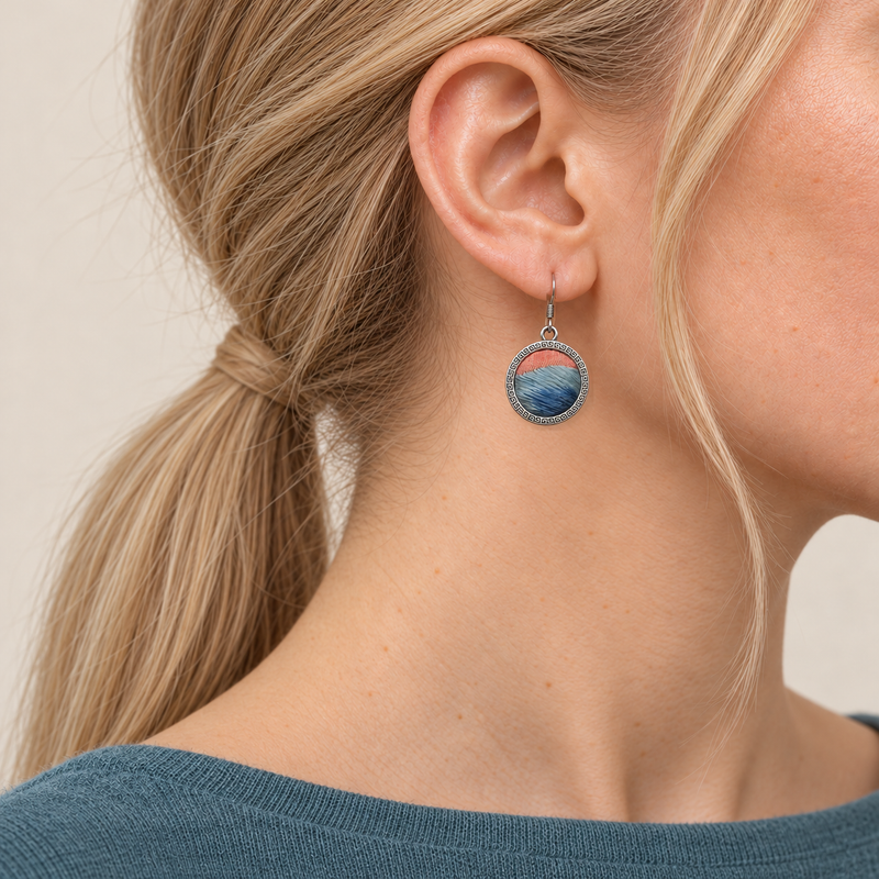 Coral Rhapsody earring worn with layered blue stitches and a coral-colored upper section facing outward.