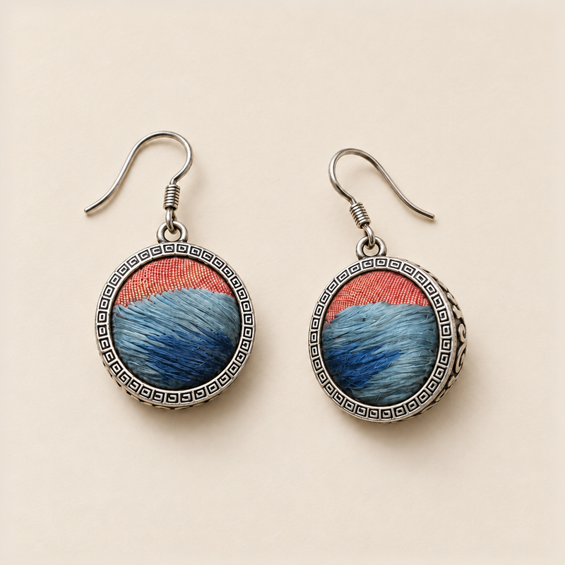 Coral Rhapsody earrings laid front-facing on a pale surface, showing individual blue stitch patterns beneath coral-colored upper sections.