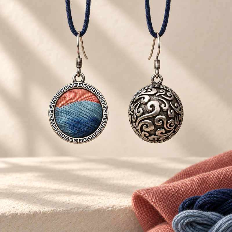 Coral Rhapsody earrings hanging from dark blue cord loops, one showing the embroidered front and the other the domed scrollwork reverse.