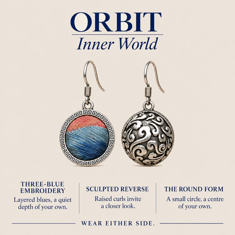ORBIT Inner World design card showing Coral Rhapsody's Three-Blue Embroidery front and sculpted reverse, with Wear Either Side.