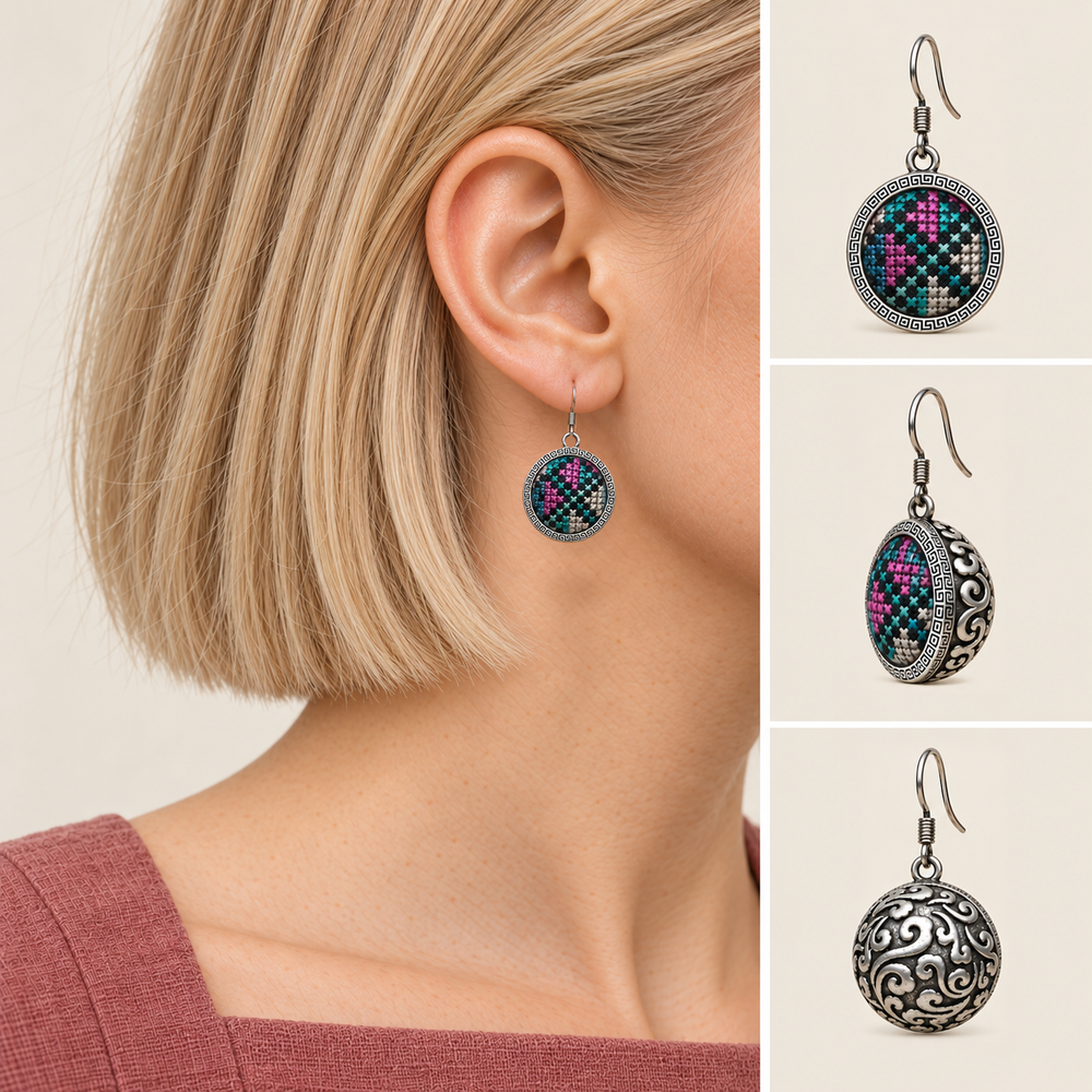 Petal Mosaic earring worn with its embroidered front facing outward, beside front, 45-degree and domed reverse views.