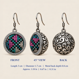 Petal Mosaic front, 45-degree and reverse views: 3 cm length including hook, 1.7 cm diameter and 0.8 cm metal back depth.
