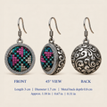 Petal Mosaic front, 45-degree and reverse views: 3 cm length including hook, 1.7 cm diameter and 0.8 cm metal back depth.