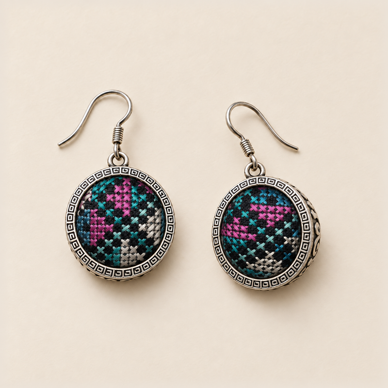 Petal Mosaic earrings laid front-facing, showing different arrangements of pink, teal and pale stitches within patterned circular rims.