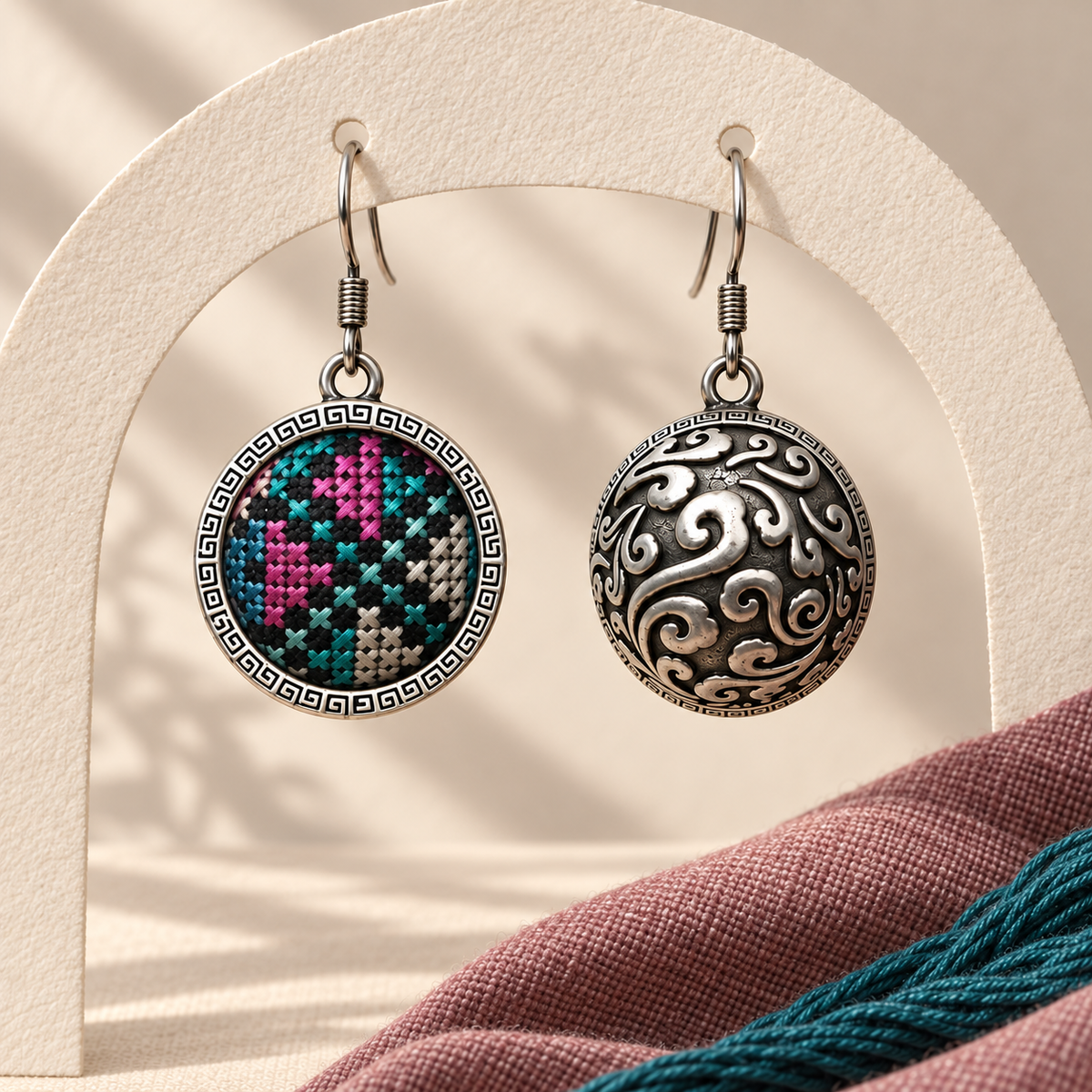 Petal Mosaic earrings hanging from a pale arch display, showing the embroidered front and domed scrollwork reverse.