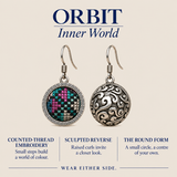 ORBIT Inner World card showing Petal Mosaic's counted-thread embroidery front and sculpted reverse, with Wear Either Side.