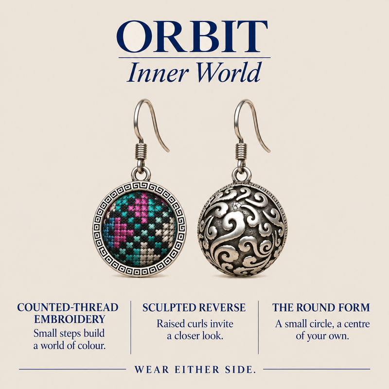 ORBIT Inner World card showing Petal Mosaic's counted-thread embroidery front and sculpted reverse, with Wear Either Side.
