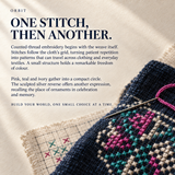 ORBIT culture card titled One Stitch, Then Another, with pink, teal and pale embroidery on dark cloth, a needle and a grid sample.