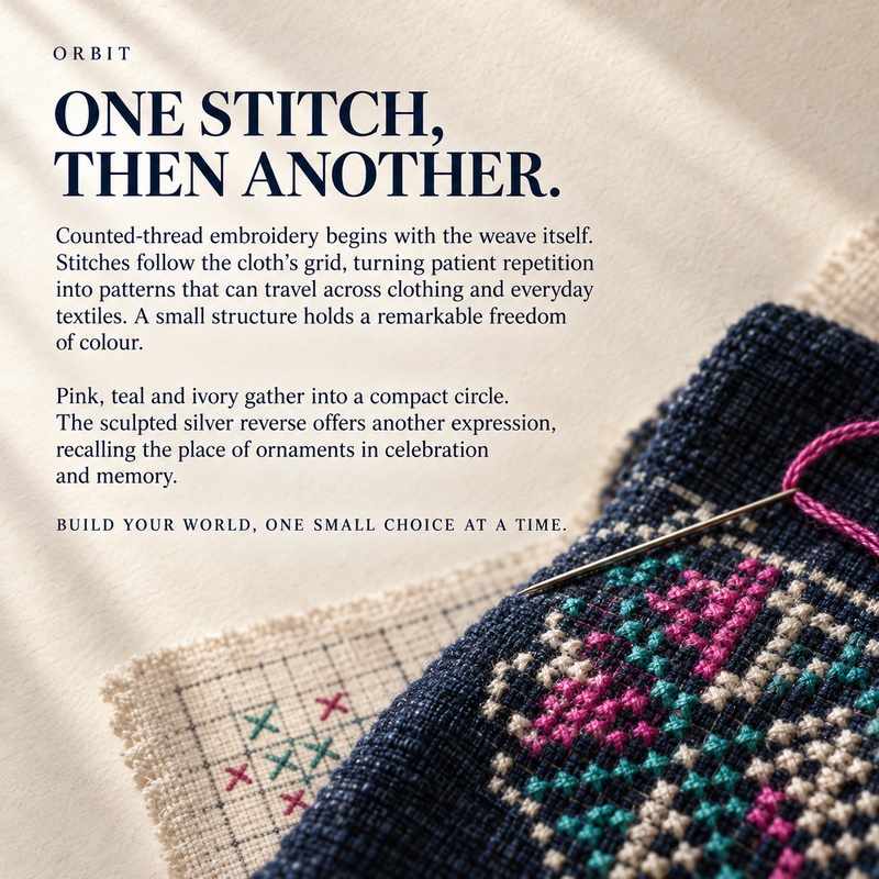 ORBIT culture card titled One Stitch, Then Another, with pink, teal and pale embroidery on dark cloth, a needle and a grid sample.