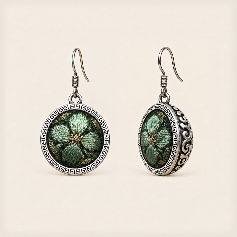 Verdant Bloom round earrings with green embroidered petals, gold-colored details, geometric rims and domed scrollwork backs.