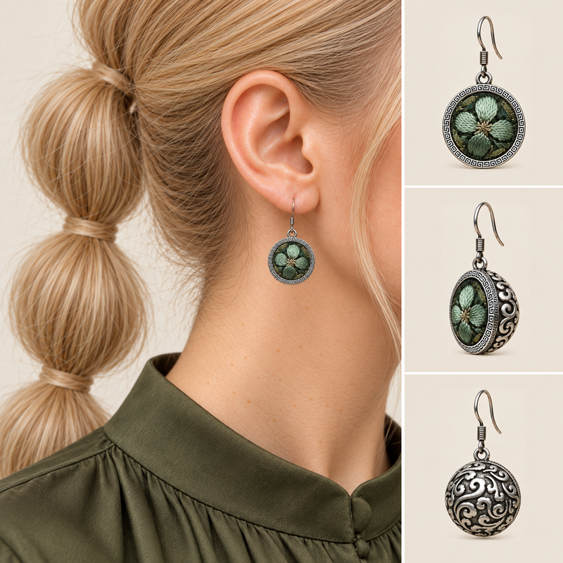 Verdant Bloom earring worn with its green floral front facing outward, beside front, 45-degree and domed reverse views.