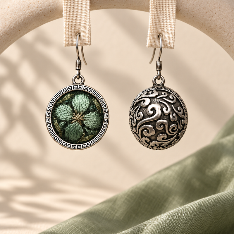 Verdant Bloom earrings hanging from pale woven fabric strips, showing the green floral front and domed scrollwork reverse.