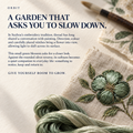 ORBIT culture card titled A Garden That Asks You to Slow Down, with green threads, an embroidered flower on pale cloth and a brush.