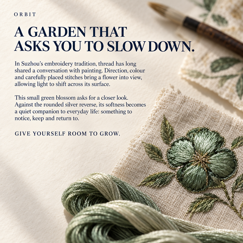 ORBIT culture card titled A Garden That Asks You to Slow Down, with green threads, an embroidered flower on pale cloth and a brush.