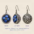 Sapphire Reverie front, 45-degree and reverse views: 3 cm length including hook, 1.7 cm diameter and 0.8 cm metal back depth.