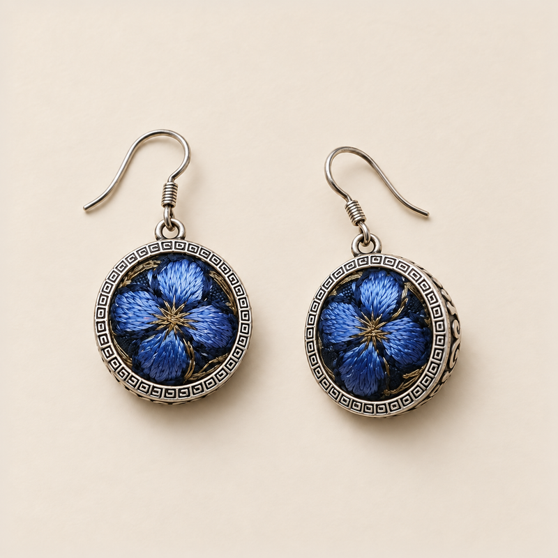 Sapphire Reverie earrings laid front-facing, showing blue petals and gold-colored accents on dark fabric within geometric circular rims.
