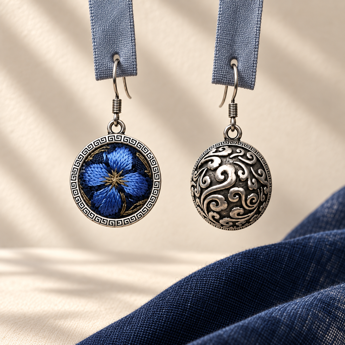 Sapphire Reverie earrings hanging from blue woven fabric strips, showing the embroidered flower front and domed scrollwork reverse.