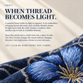 ORBIT culture card titled When Thread Becomes Light, with a close-up of blue embroidered petals and gold-colored details on dark cloth.