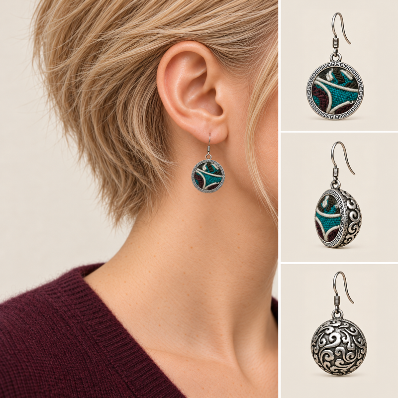 Jade Arabesque earring worn with its embroidered front facing outward, beside front, 45-degree and domed reverse views.