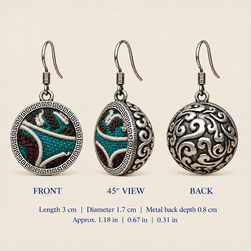 Jade Arabesque front, 45-degree and reverse views: 3 cm length including hook, 1.7 cm diameter and 0.8 cm metal back depth.