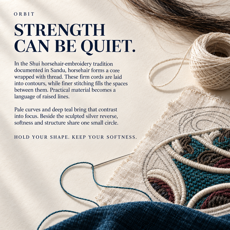 ORBIT culture card titled Strength Can Be Quiet, with raised pale outlines on embroidered cloth, thread, a needle and dark hair strands.