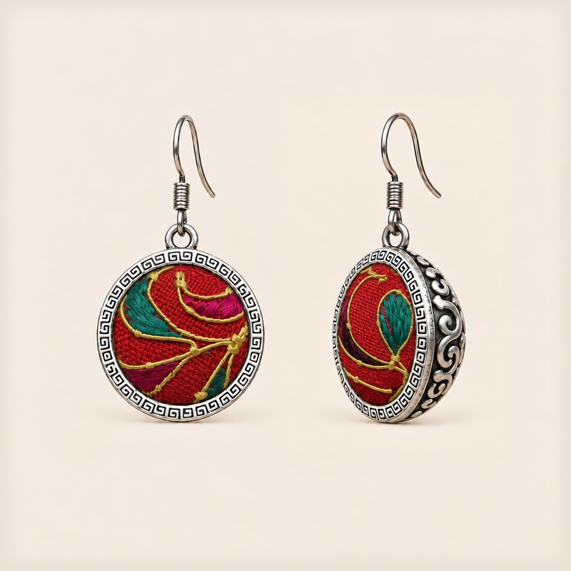 Crimson Cadence round earrings with red embroidery, raised gold-colored curves, teal and magenta accents, geometric rims and domed backs.
