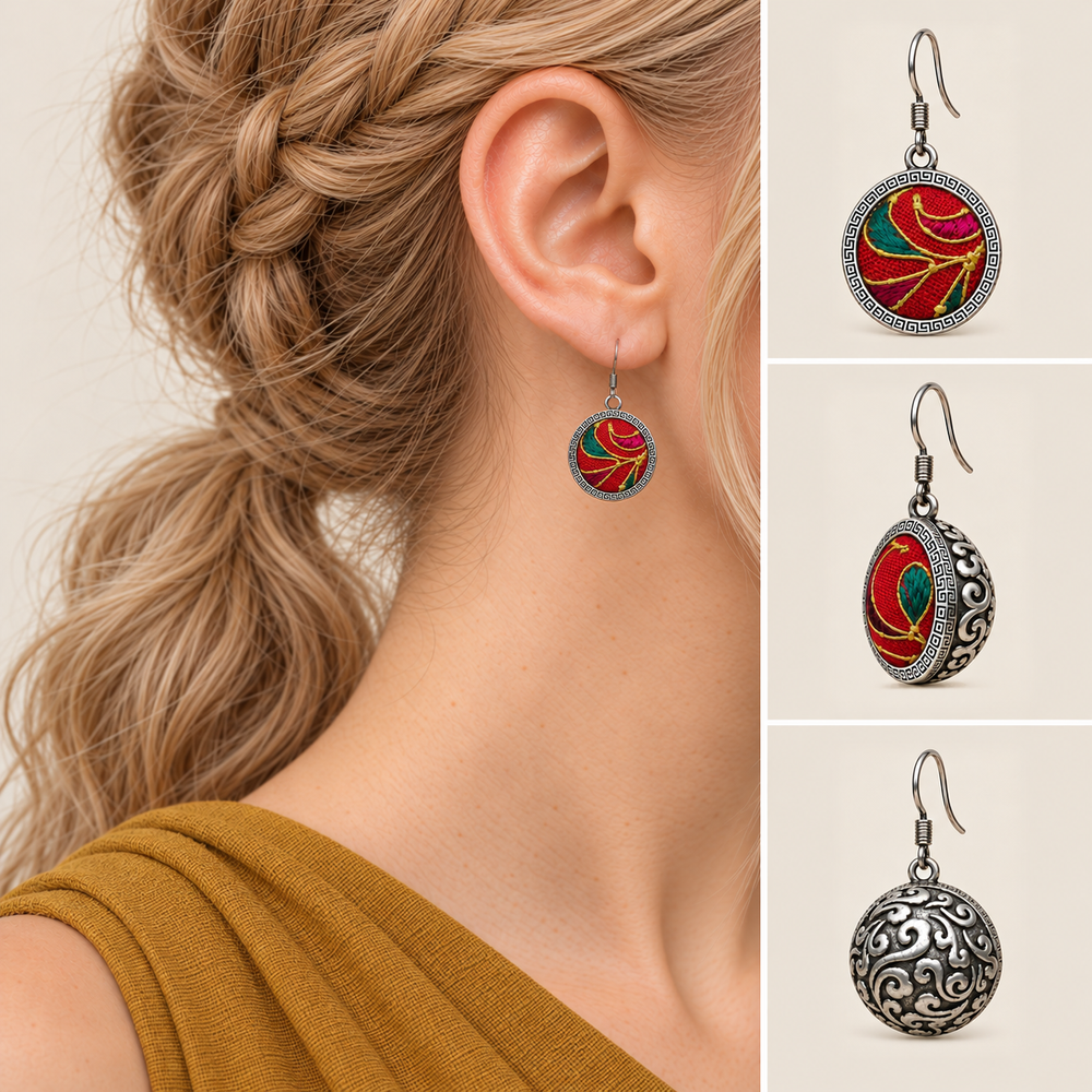 Crimson Cadence earring worn with its embroidered front facing outward, beside front, 45-degree and domed reverse views.
