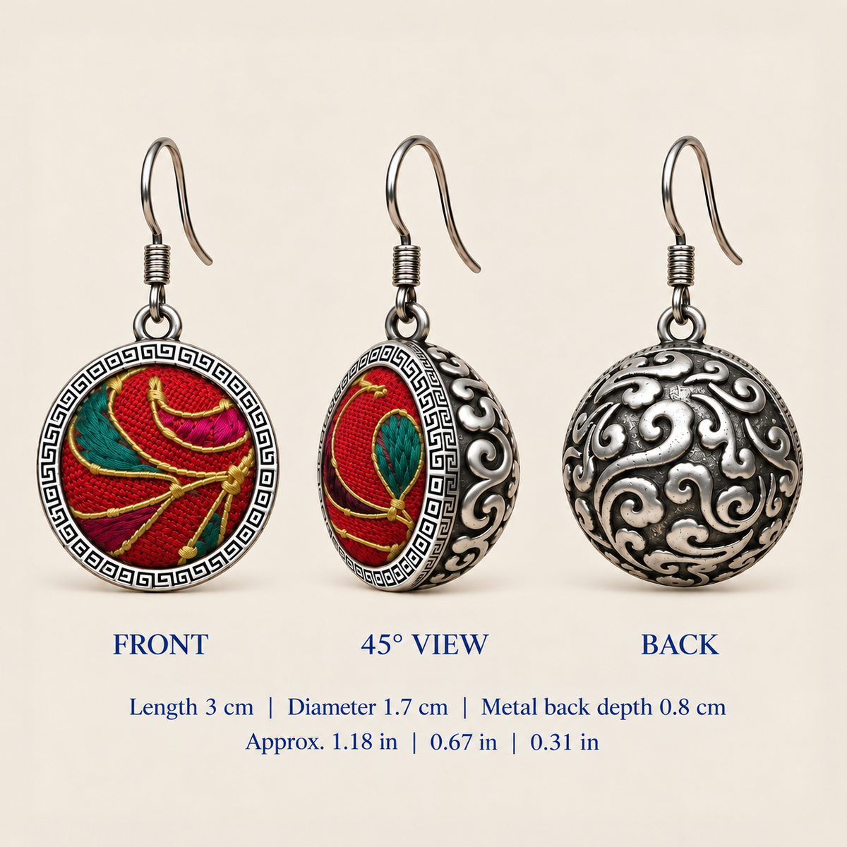 Crimson Cadence front, 45-degree and reverse views: 3 cm length including hook, 1.7 cm diameter and 0.8 cm metal back depth.