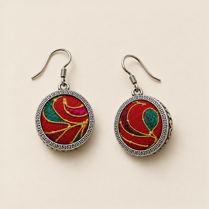 Crimson Cadence earrings laid front-facing, showing different gold-colored curves and teal and magenta accents on red embroidery.