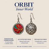 ORBIT Inner World card showing Crimson Cadence's horsehair embroidery front and sculpted reverse, with Wear Either Side.