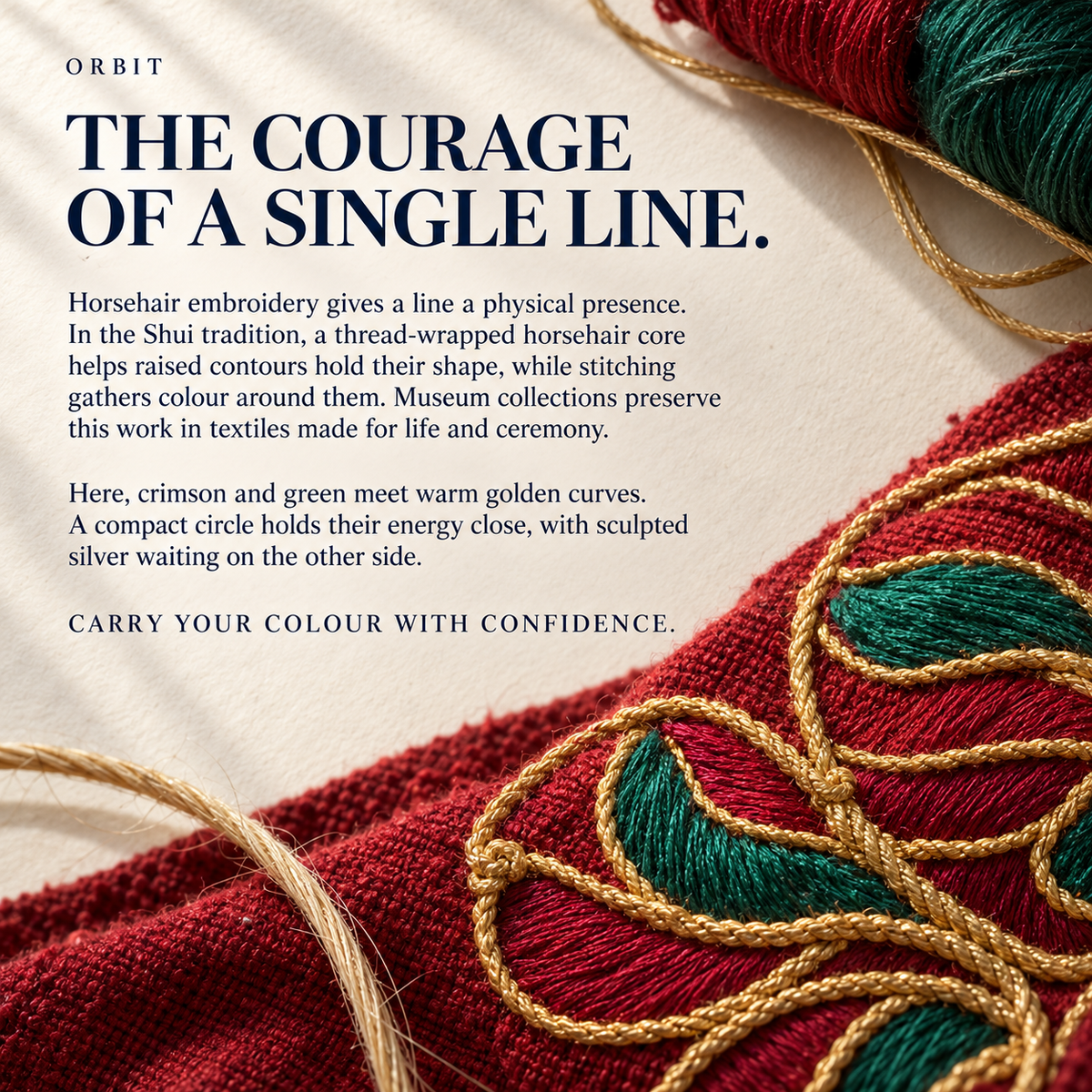 ORBIT culture card titled The Courage of a Single Line, with red and teal embroidery, raised gold-colored outlines, threads and pale hair strands.