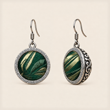 Forest Lustre round earrings with green and pale gold-colored woven patterns, geometric rims and domed scrollwork backs.