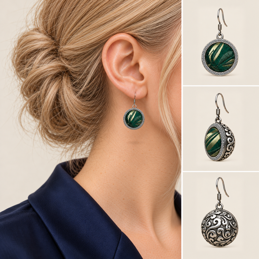 Forest Lustre earring worn with its green brocade front facing outward, beside front, 45-degree and domed reverse views.