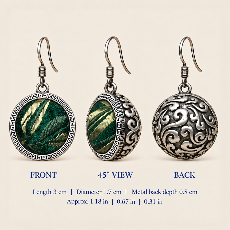 Forest Lustre front, 45-degree and reverse views: 3 cm length including hook, 1.7 cm diameter and 0.8 cm metal back depth.