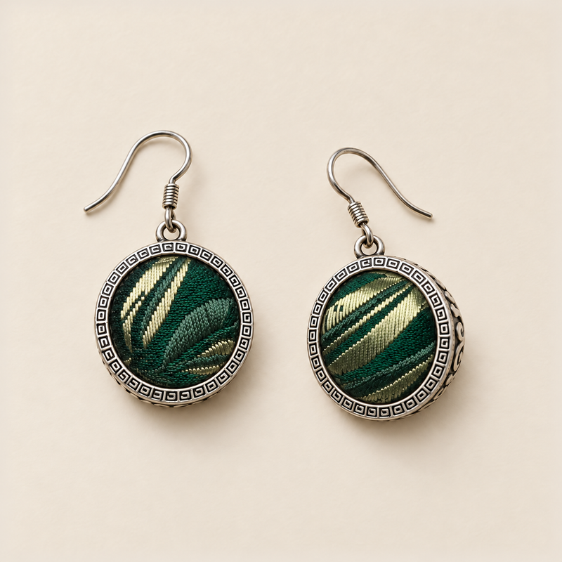 Forest Lustre earrings laid front-facing, showing different green and pale gold-colored woven motifs within geometric circular rims.