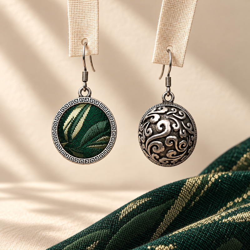 Forest Lustre earrings hanging from pale woven strips, showing the brocade front and domed scrollwork reverse above green patterned cloth.